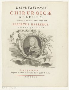 Portret van Albrecht von Haller Albert Haller (otsikko esineessä) Titelpagina voor: Albrecht von Haller, Selected Surgical Discourses, 1755 tekijältä Louis Joubert