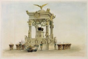 Napoleon I Bonaparten (1769-1821) arkku Invalides-kirkossa (Pariisi, Ranska). (Napoleonin arkku Les Invalidesin kirkossa). Louis Jules Arnoutin (1814-1868) työ, litografia ja akvarelli. 1800-luvun ranskalainen taide, klassismi.