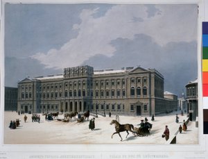 Mariinski-palatsi Pietarin Iisakinaukiolla. Litografia Louis Jules Arnout (1814-1868), akvarelliväritetty, noin 1840. Ranskalainen taide, klassismi. A. Push tekijältä Louis Jules Arnout