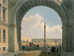Palatsiaukio, Näkymä armeijan päämajan kaarelta, Pietari, Lemercierin painatus, Pariisi, 1840-luku (värilitho)