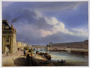 Pont du Carrousel ja Louvren suuri galleria - Arnoutin "Pariisissa vuonna 1837" tekijältä Louis Jules Arnout