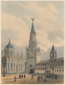 Spasskaya Tower Vapahtajaportit ja Pyhän Katariinan taivaaseenastumisen kirkko Moskovan Kr tekijältä Louis Jules Arnout