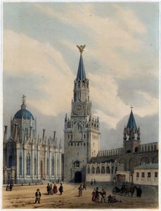 ""Näkymä Pyhän Vapahtajan tornista (tai Spasskaia-tornista) ja Punaiselle aukiolle, kremlin, Moskova"" (Spasskaja-torni (Pelastajaportit) ja Pyhän Katariinan taivaaseenastumisen kirkko Moskovan Kremlissä) Louisin litografia Jules Arnout (1814-1868) - 1 tekijältä Louis Jules Arnout