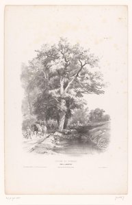 Metsästäjät koirien kanssa ojan varrella metsässä Maisemapiirustuskurssi (sarjan nimi) Cours de Paysage (sarjan nimi esineellä) tekijältä Louis Julien Jacottet