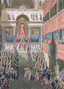 Keisarillisten Majesteettien pyhä juhla ja kruunaus, keisari julistaa perustuslakivalan Notre Damen katedraalissa, julkaistu 1806 (käsin sävytetty kaiverrus)