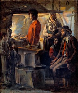 Seppä tai marekhal takossaan Marechal-rauta ja hänen perheensä, hänen vieressään alasin. Ludvig Nainin (1593-1648) maalaus 1600-luvun aurinko. 0,69x0,57 m