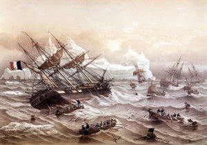 Valaanpyynti Newfoundlandissa. Lebretonin maalaus. 1800-luvun alku.