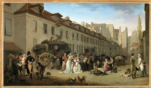 Vaunun saapuminen Messageriesin sisäpihalle, rue Notre-Dame-des-Victoires, Pariisissa ... tekijältä Louis Leopold Boilly
