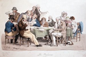 Miehet lukevat sanomalehtiä - kaiverrus Louis Boilly otsikolla "" Les journaux"" tekijältä Louis Leopold Boilly