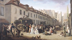 Lavabussin saapuminen terminaaliin, rue Notre-Dame-des-Victoires, Pariisi tekijältä Louis Leopold Boilly