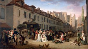 "Stagebussin saapuminen terminaaliin, rue Notre-Dame-des-Victoires, Pariisi, 1803", 1803-1845 tekijältä Louis Leopold Boilly
