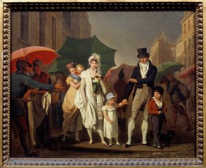 Bourgeois suihkuttaa Pariisin Premier Empire -muotiin suojaten itseään sateelta. Louis leopold Boillyn (1761-1845) maalaus 1800-luvun aurinko. 0,32x0,4 m - Sade. First Empire -muotiin pukeutunut pariisilainen porvaristo suojelee itseään fr tekijältä Louis Leopold Boilly