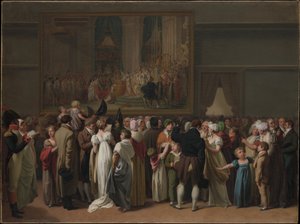 Yleisö katselee Davidin "Kruunajaisia" Louvressa tekijältä Louis Leopold Boilly
