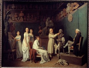 Kuvanveistäjä Jean Baptiste Houdonin (1741-1828) työpaja. Kuvanveistäjän mallina oli matemaatikko Pierre-Simon Laplace (1749-1827) Marquis de Laplace vaimonsa ja tyttäriensä läsnä ollessa. Louis Leopold Boillyn (1761-1845) maalaus 1804 Paris, De tekijältä Louis Leopold Boilly