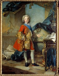 Täyspitkä muotokuva Dauphin Louis de Francen (1729 - 1765) pojasta Louis XV:n työhuoneessa. Louis Tocquen maalaus (1696-1772)