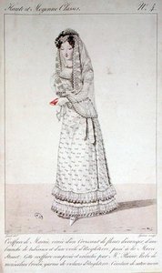 Hääpuku ja puku, muotilevy nro 4 Haute et Moyenne Classes -sarjasta, kaiverrus Georges Jacques Gatine (1773-1831) 1800-luvun alku (värillinen kaiverrus) tekijältä Louis Marie (after) Lante