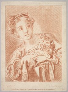 Nuori tyttö pitelee kissaa, 1769. tekijältä Louis Marin Bonnet