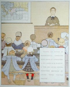 "Mademoiselle Genseignen oppilaat", kuvitus Anatole Francen (1844-1924) "Nos Enfantsista" tekijältä Louis Maurice Boutet de Monvel