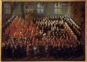Ludvig XV:n (1710-1774) oikeussängyssä Pariisin parlamentin suuressa salissa murtaakseen Louis XIV:n (1638-1715) tahto tekijältä Louis Michel Dumesnil
