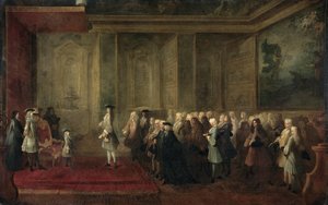 Cornelis Hopin (1685-1762) vastaanotto osavaltioiden kenraalilegaatiksi Ludvig XV:n tuomioistuimessa, 24. heinäkuuta 1719 tekijältä Louis Michel Dumesnil
