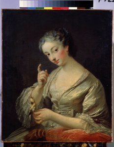 Nainen linnun kanssa (Lady with a bird). Louis Michel Van Loon (1707-1771) maalaus. Öljy kankaalle, 64 x 53,5 cm, 1700-luku. Ranskalaista taidetta, rokokootyyliä. Eremitaaši, Pietari.