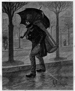 Huono sato! Huono märkä cicada! ... Rumpusoitin kurjuudessa kävelee sateessa Pariisin kaduilla. Alphonse Daudetin (1840-1897) omaelämäkerrallisessa kokoelmassa "" Trento ans de Paris". Kaiverrus Montegutin kuvien mukaan Le Monde illustrioussa