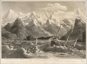 Vuoden 1786 kaiverrus kahden La Perousen retkikuntaan kuuluneen pienen veneen haaksirikosta. tekijältä Louis Philippe Crepin