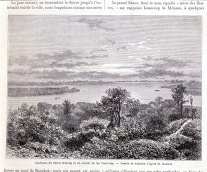 Mekong-joen ja Touli-järven yhtymäkohta - isku. Sabatierin piirustus herra Mouhotin mukaan. “Tour du monde”