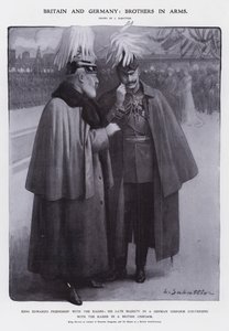 Kuningas Edward VII pukeutunut Preussin lohikuunien everstiksi ja keisari Wilhelm II pukeutuneena Britannian kenttämarsalkkaksi (litho) tekijältä Louis Remy Sabattier