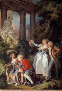 Tarjoaa Galante Venus -kohtauksen muinaisten raunioiden romanttisessa maisemassa. Louis Trinquessen (1746-1800) maalaus 1786 su. 1,30 x 0,98 m. Dijon. Kuvataidemuseo