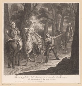 Don Quijote pyytää Sanchoa kysymään herttuattarelta lupaa tavata hänet Don Quichotte fait demander par Sancho ala Duchesse ca permission de la voir (otsikko esineessä) La Manchan Don Quijoten historia (sarjan nimi)