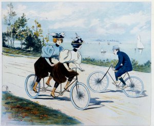 Sunnuntai kävely. Pyöräily: pyörällä oleva mies katsoo kahta naista tandemissa. Piirustus Louis Vallet (1856 -?)