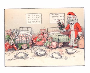 Viktoriaaninen onnittelukortti, jossa kissanpennut kyyristelevät peloissaan joulupukiksi pukeutuneen kissan nähdessään, noin 1880. tekijältä Louis Wain