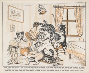 Kissat leikkivät laatikoilla huoneessa. tekijältä Louis Wain