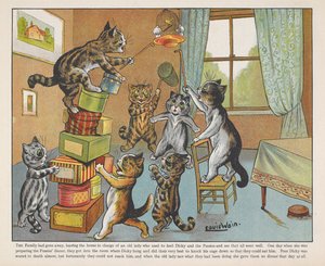Kissat leikkivät laatikoilla huoneessa. tekijältä Louis Wain