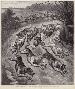 Koirat täydessä itkussa metsästyskauden alussa (litho) tekijältä Louis Wain