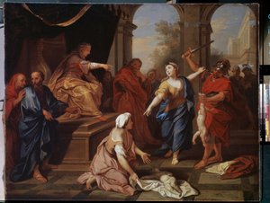 ""Salomon tuomio"" Kaksi naista väittävät olevansa saman lapsen äiti. Louis de Boullogne nuoremman (1654-1733) maalaus 1710 Pushkin-museo, Moskova