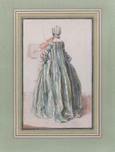 Viulua soittava nainen, takaa katsottuna, n. 1758-59.