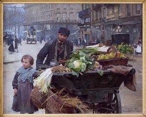 Neljän vuodenajan kauppias Pariisissa. Hänen takanaan Hotel du Louvre (1. kaupunginosa) Louis Marie de Schryverin (1862-1942) maalaus, öljy kankaalle