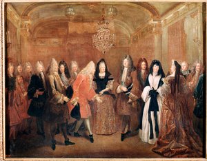 Ranskan kuningas Ludvig XIV vastaanottaa prinssi Frederick Augustus I:n Fontainebleaun linnassa (maalaus