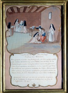 Jansenismi "" Port royal des champsin (Port-Royal-des-Champs) luostarin uskonnollinen, joka hoitaa sairaita"". Anonyymi guassi Louise Madeleine Cochinin (1686-1767) mukaan. Debyytti 1700-luvulla. Port Royal, Musee Des Granges. tekijältä Louise Madelaine (after) Cochin