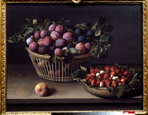 Persikka, mansikoita ja hedelmäkori Louise Moillonin (1610-1696) maalaus 1600-luvulta Toulouse, Musee des Augustins