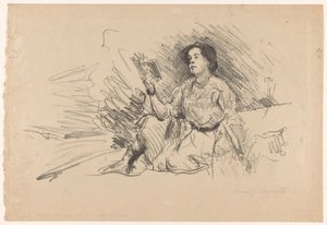 Tyttö lukee, istuu lattialla Lesendes Mädchen tekijältä Lovis Corinth (signed by artist)