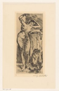 Nainen alaston viuhka kädessään ja kyykistynyt hahmo hänen oikealla puolellaan tekijältä Lovis Corinth (signed by artist)