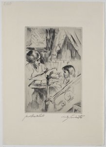 Lapsi sängyssä ja äiti tekijältä Lovis Corinth