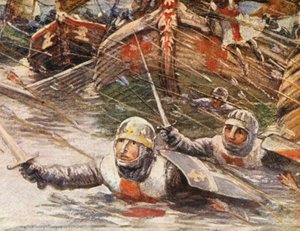 Kuvitus ristiretkistä kertoviin kertomuksiin (värilitografia).