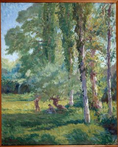 Pariskunta ruohikolla poppelin alla Loys Pratin (1879-1934) maalaus, 1900-luku. Öljy kankaalle. Donzere, kaupungintalo.