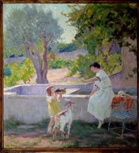 Madame Prat ja hänen tyttärensä puutarhassa pienen vuohen kanssa Joseph Loys Pratin (1879-1934) maalaus, 1900-luku. Donzeren pormestari.