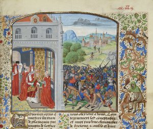 Paavi Gregorius XI:n kruunaus ja Pontvallainin taistelu, 1370, noin 1470-1475. tekijältä Loyset Liedet