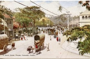 Katunäkymä, Pettah, Colombo, Ceylon, noin 1900-20 (käsivärillinen valokuva).